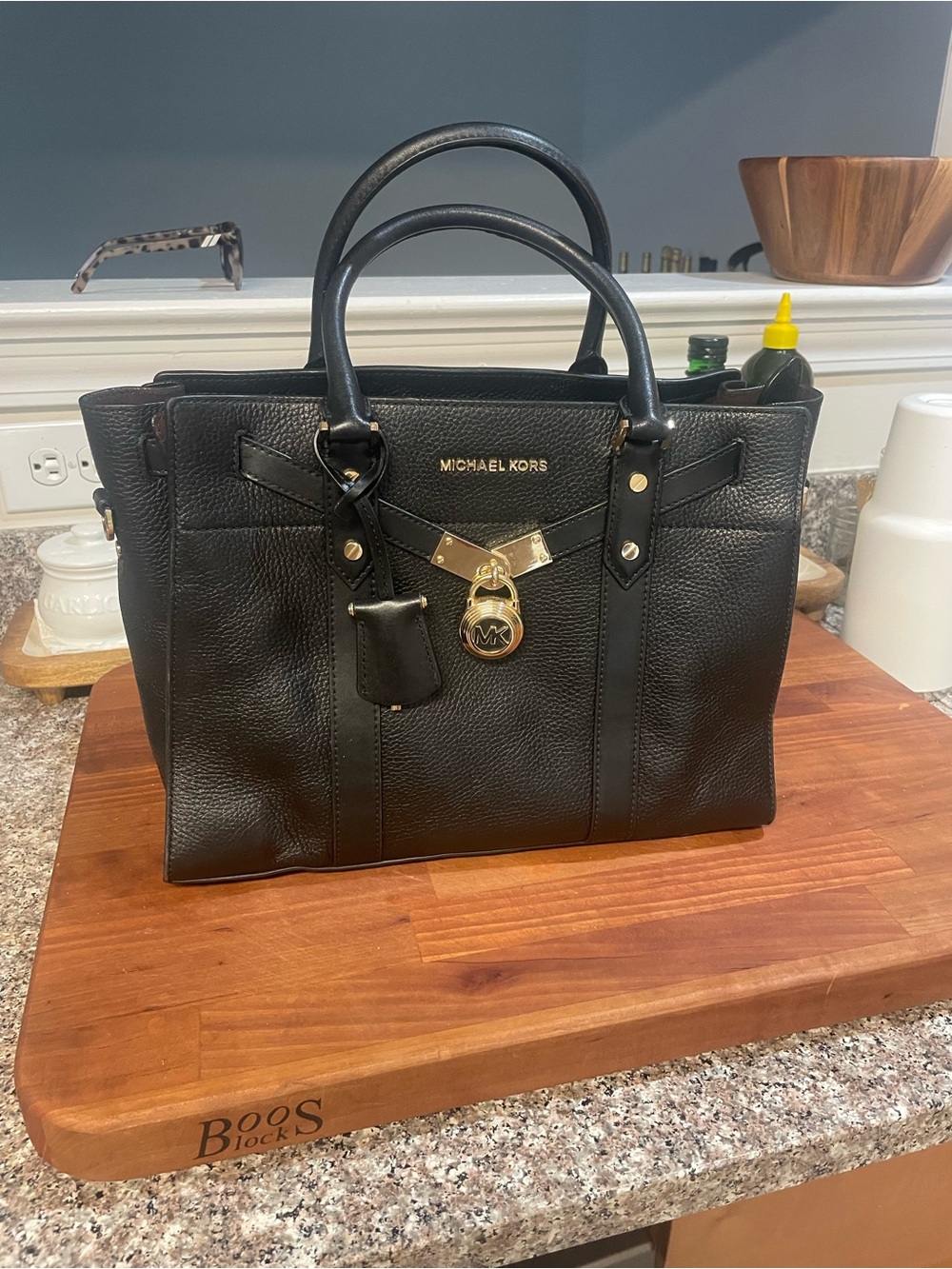 Michael Kors Black Leather Tote with Gold Hardware and MK Charm